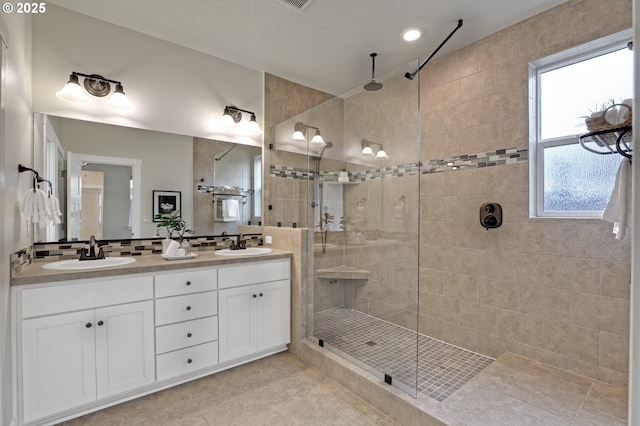 5316 SE Lone Oak St, Hillsboro, OR 97123 - bathroom with a shower stall, tile patterned floors, double vanity, and a sink