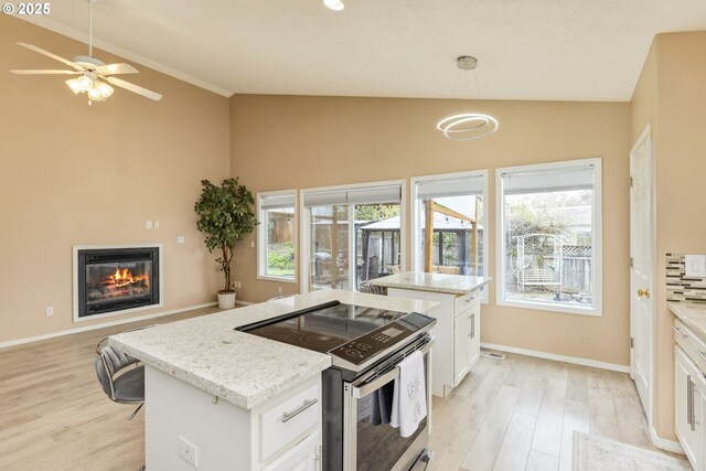 1273 SE Williams Ave, Gresham, OR 97080 - kitchen featuring baseboards, a glass covered fireplace, light wood-type flooring, and stainless steel range with electric stovetop