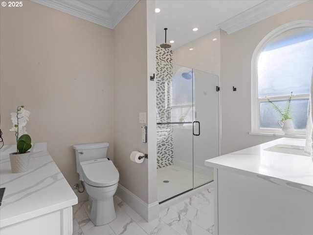 bathroom featuring vanity, toilet, crown molding, and walk in shower