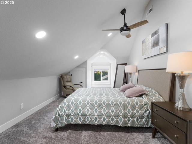 bedroom featuring lofted ceiling, carpet floors, and ceiling fan