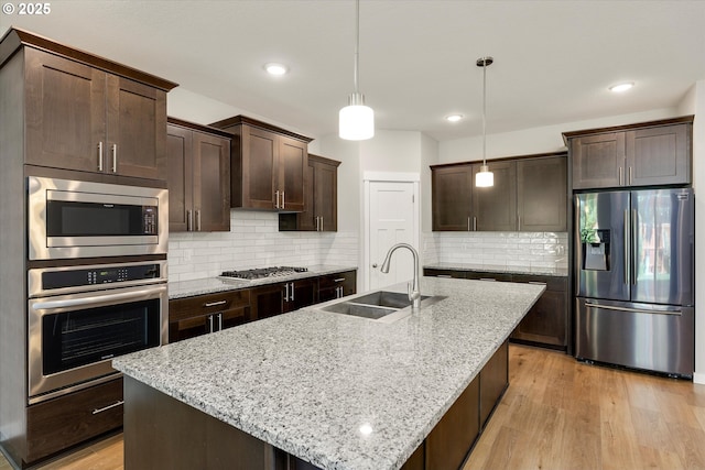 1059 S Walnut St, Canby, OR 97013 - kitchen featuring stainless steel appliances, a sink, dark brown cabinetry, backsplash, and recessed lighting