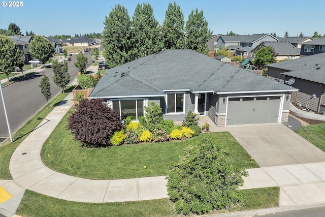 1059 S Walnut St, Canby, OR 97013 - ranch-style house featuring an attached garage, a residential view, stone siding, and a shingled roof
