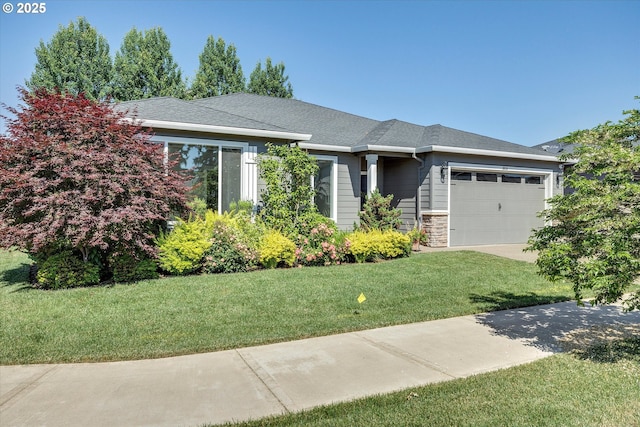 1059 S Walnut St, Canby, OR 97013 - view of front of property featuring a garage, a front lawn, concrete driveway, stone siding, and roof with shingles