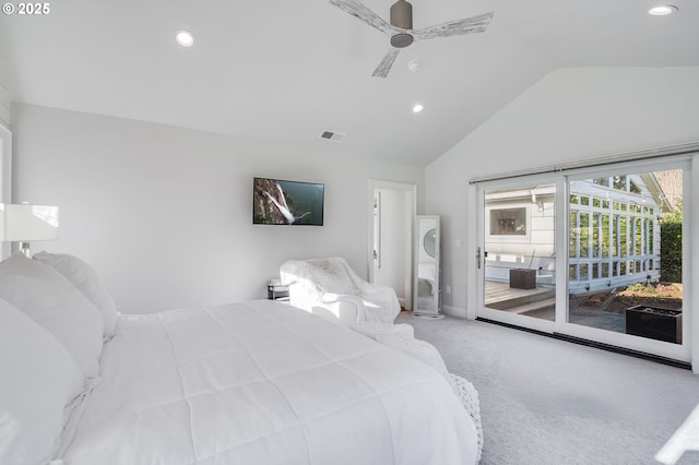 bedroom featuring carpet flooring, vaulted ceiling, and access to outside