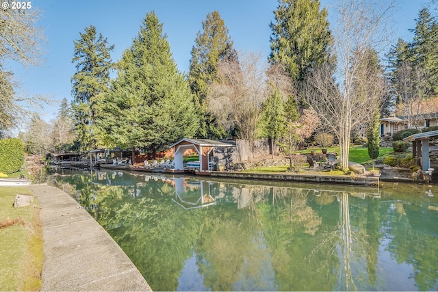 view of swimming pool featuring a water view and a boat dock