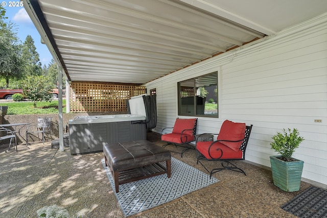 view of patio with a hot tub
