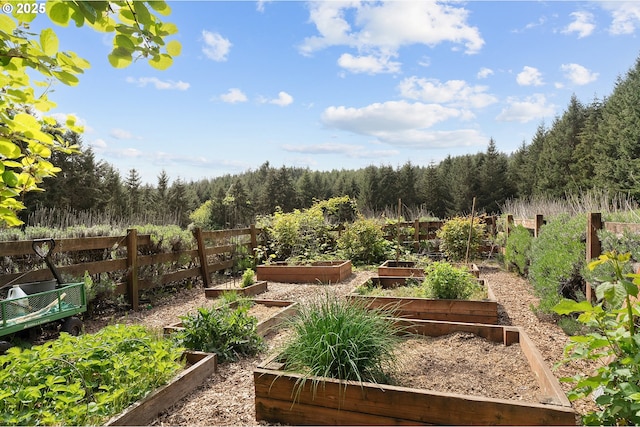 view of yard featuring fence, a view of trees, and a garden