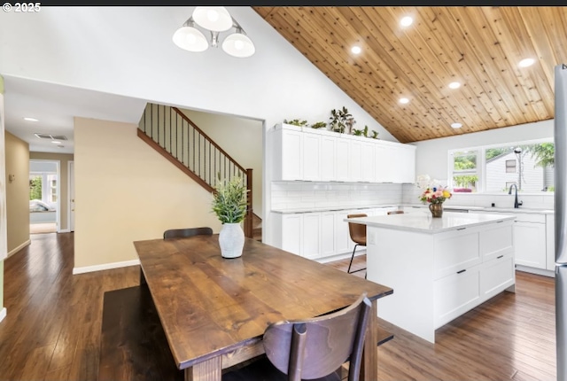 1425 SE 96th Ave, Vancouver, WA 98664 - dining space featuring high vaulted ceiling, recessed lighting, dark wood finished floors, wood ceiling, and stairs