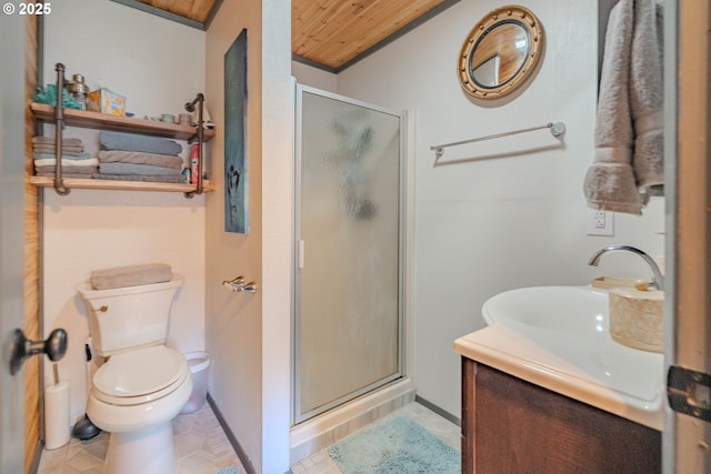 full bathroom featuring toilet, a stall shower, vanity, and wooden ceiling