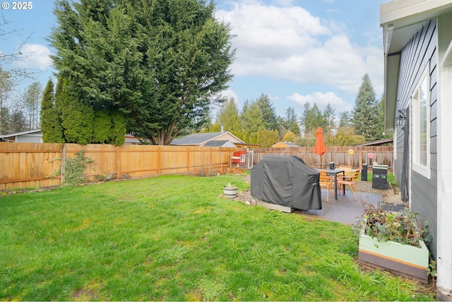 view of yard with a fenced backyard and a patio