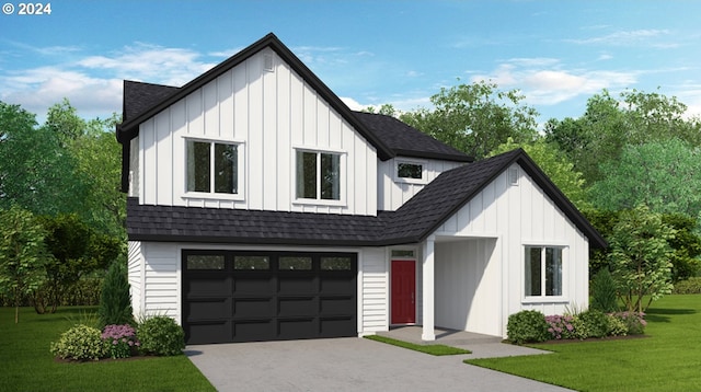 modern inspired farmhouse with a garage and a front yard