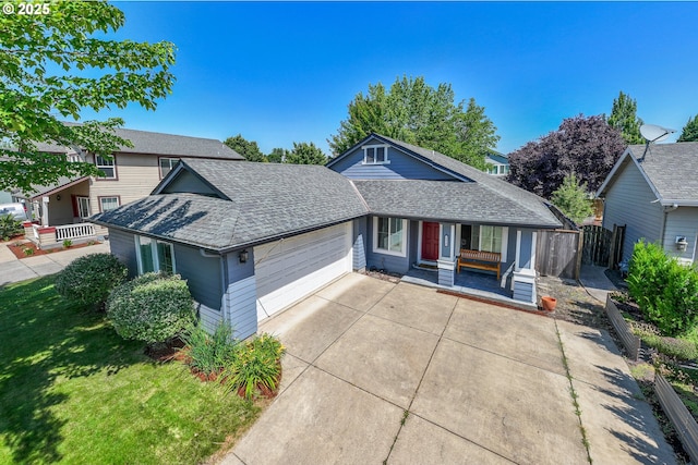 5419 Baden Way, Eugene, OR 97402 - view of front of property with covered porch, a shingled roof, an attached garage, and concrete driveway