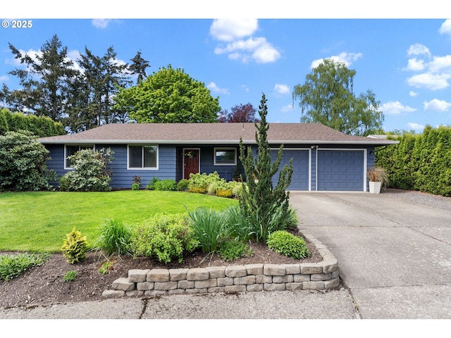 single story home featuring an attached garage, aphalt driveway, a shingled roof, and a front lawn