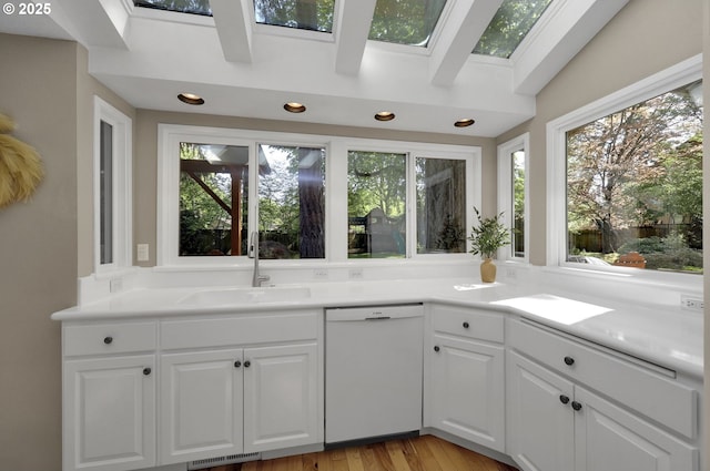 interior space with a sink, a wealth of natural light, white cabinetry, and dishwasher