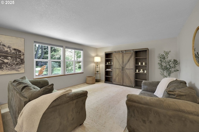 living room with light colored carpet, a barn door, and a textured ceiling