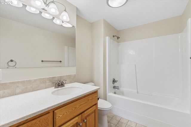 full bathroom with toilet, vanity, shower / bath combination, and tile patterned floors