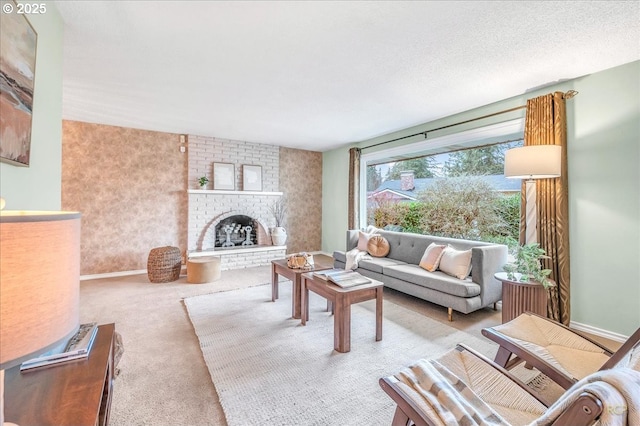 living room with light colored carpet and a brick fireplace