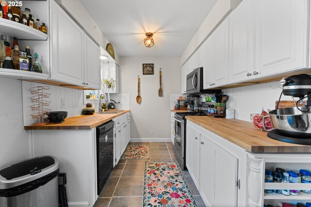 8015 NE 90th Ave, Vancouver, WA 98662 - kitchen with wood counters, appliances with stainless steel finishes, a sink, open shelves, and white cabinetry