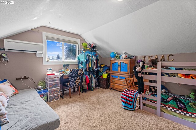 8015 NE 90th Ave, Vancouver, WA 98662 - bedroom with a wall unit AC, carpet flooring, lofted ceiling, and a textured ceiling