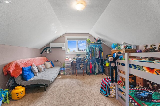 8015 NE 90th Ave, Vancouver, WA 98662 - bedroom with an AC wall unit, a textured ceiling, carpet floors, and lofted ceiling