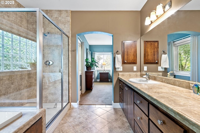 380 Mountaingate Dr, Springfield, OR 97478 - full bathroom with vanity, a stall shower, tile patterned flooring, and a tub to relax in
