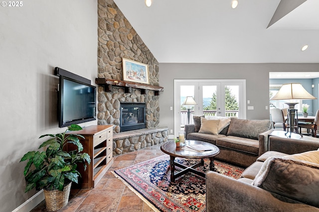 380 Mountaingate Dr, Springfield, OR 97478 - living area with stone tile floors, a stone fireplace, and high vaulted ceiling