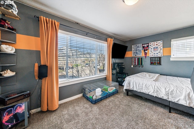 bedroom featuring multiple windows and carpet flooring