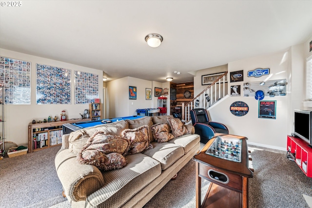 carpeted living room with pool table