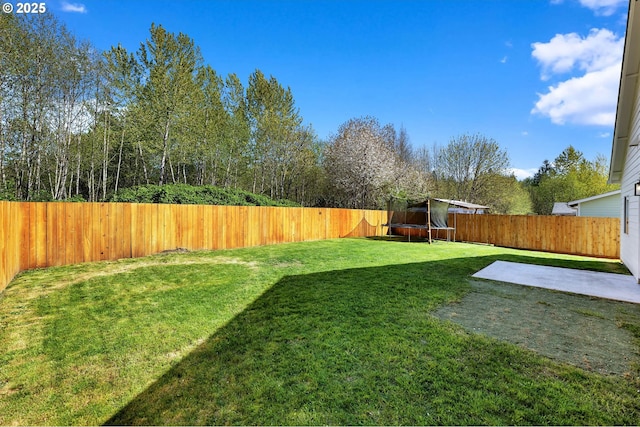 view of yard with a trampoline, a patio area, and a fenced backyard