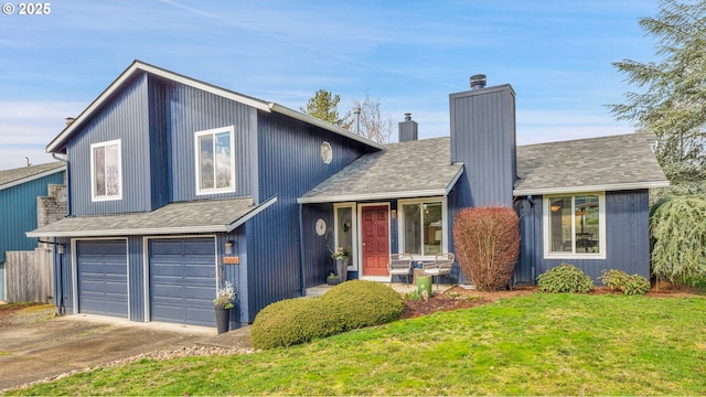 split level home with an attached garage, driveway, a shingled roof, and a front yard