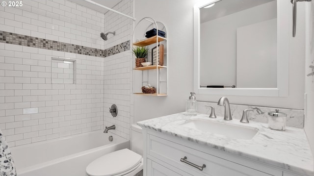 bathroom with toilet, shower / tub combo, and vanity