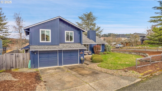 view of front of property featuring a garage, a shingled roof, fence, driveway, and a chimney