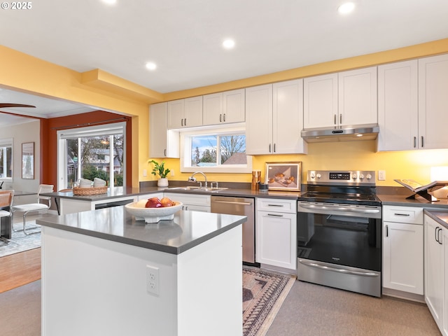 kitchen with appliances with stainless steel finishes, sink, a kitchen island, and white cabinets