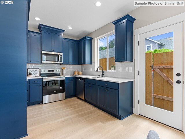 4585 N Haight Ave, Portland, OR 97217 - kitchen with stainless steel appliances, a sink, blue cabinets, light wood finished floors, and recessed lighting