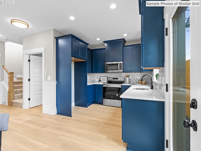 4585 N Haight Ave, Portland, OR 97217 - kitchen with appliances with stainless steel finishes, a sink, blue cabinetry, backsplash, and recessed lighting