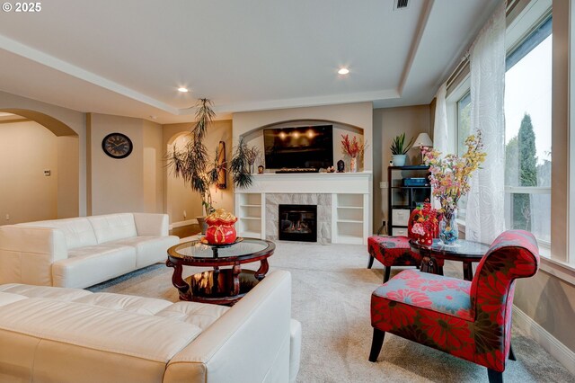 carpeted living room featuring a healthy amount of sunlight, a raised ceiling, and a tile fireplace