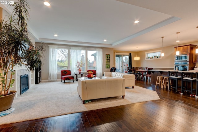 living room with a premium fireplace, hardwood / wood-style floors, and a tray ceiling