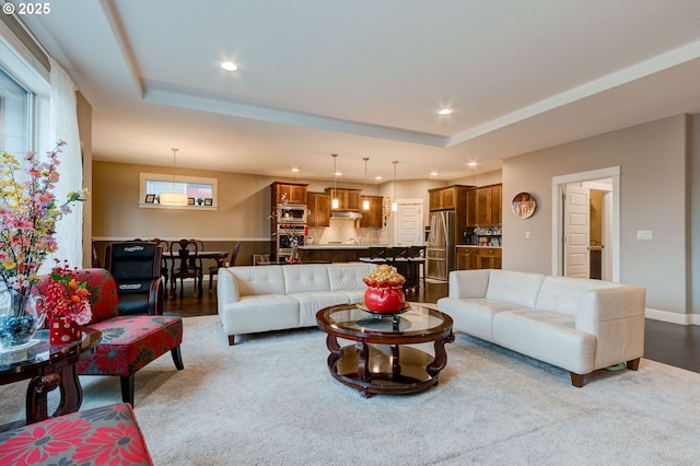 living room featuring a raised ceiling