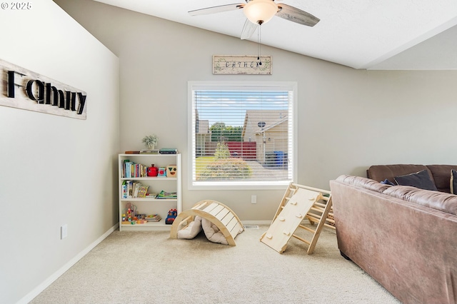 4870 Dorrance Loop NE, Salem, OR 97305 - rec room with vaulted ceiling, carpet, and a ceiling fan