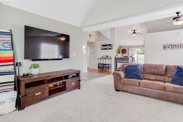 4870 Dorrance Loop NE, Salem, OR 97305 - living room featuring a ceiling fan, vaulted ceiling, and carpet