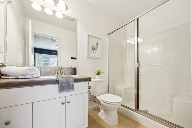 full bath with tile patterned floors, a stall shower, toilet, and vanity