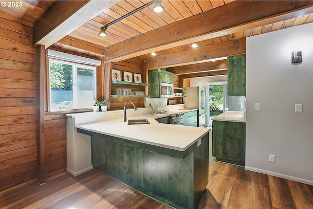 10056 Beach Dr, Birkenfeld, OR 97016 - kitchen featuring green cabinets, a sink, wooden ceiling with exposed beams, stainless steel appliances, and dark wood-type flooring