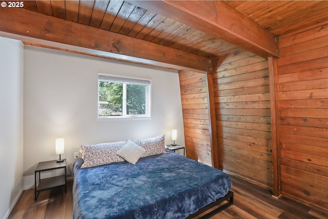 10056 Beach Dr, Birkenfeld, OR 97016 - bedroom with wood finished floors, wood ceiling with exposed beams, wood walls, and baseboards