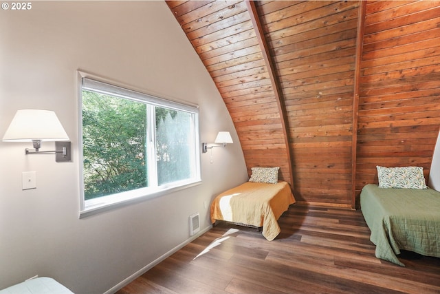 10056 Beach Dr, Birkenfeld, OR 97016 - bedroom with lofted ceiling, wood finished floors, baseboards, and wooden ceiling