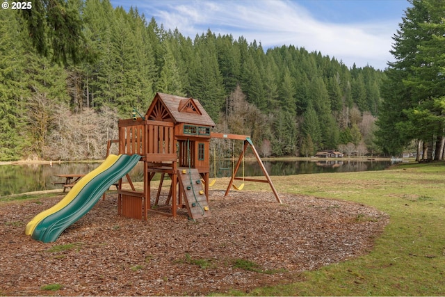 10056 Beach Dr, Birkenfeld, OR 97016 - view of jungle gym featuring a wooded view and a water view