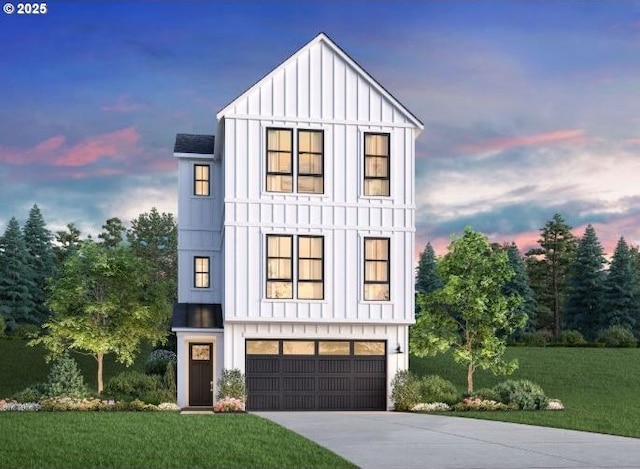 modern farmhouse featuring a garage and a lawn