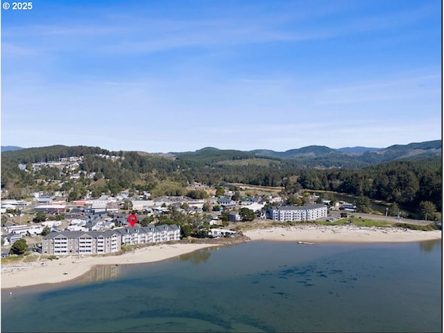 water view featuring a mountain view and a beach view