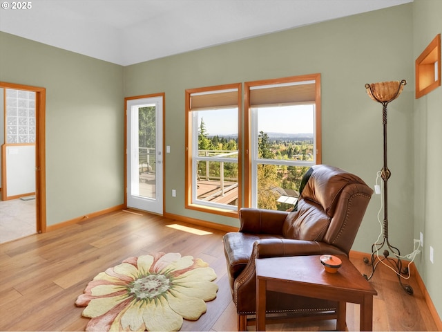 living area with light wood-style floors and baseboards