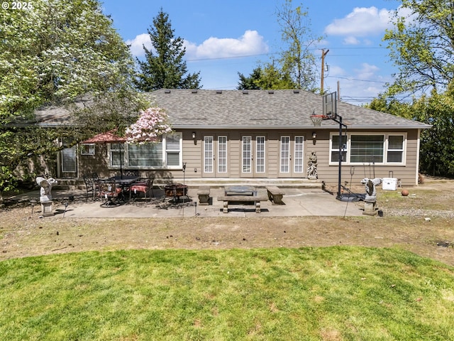 5200 SW Scholls Ferry Rd, Portland, OR 97225 - back of house with a lawn, roof with shingles, french doors, and a patio
