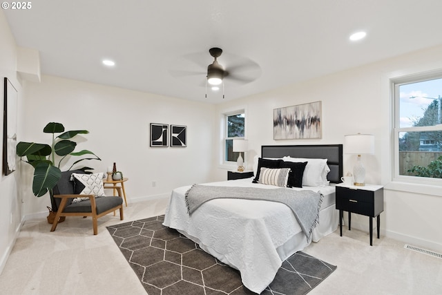 bedroom with recessed lighting, baseboards, visible vents, and dark carpet